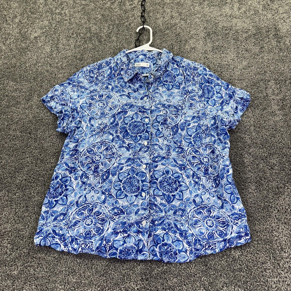 Croft & Barrow Shirt Womens XL Blue Short Sleeve Floral Button Up Summer Casual